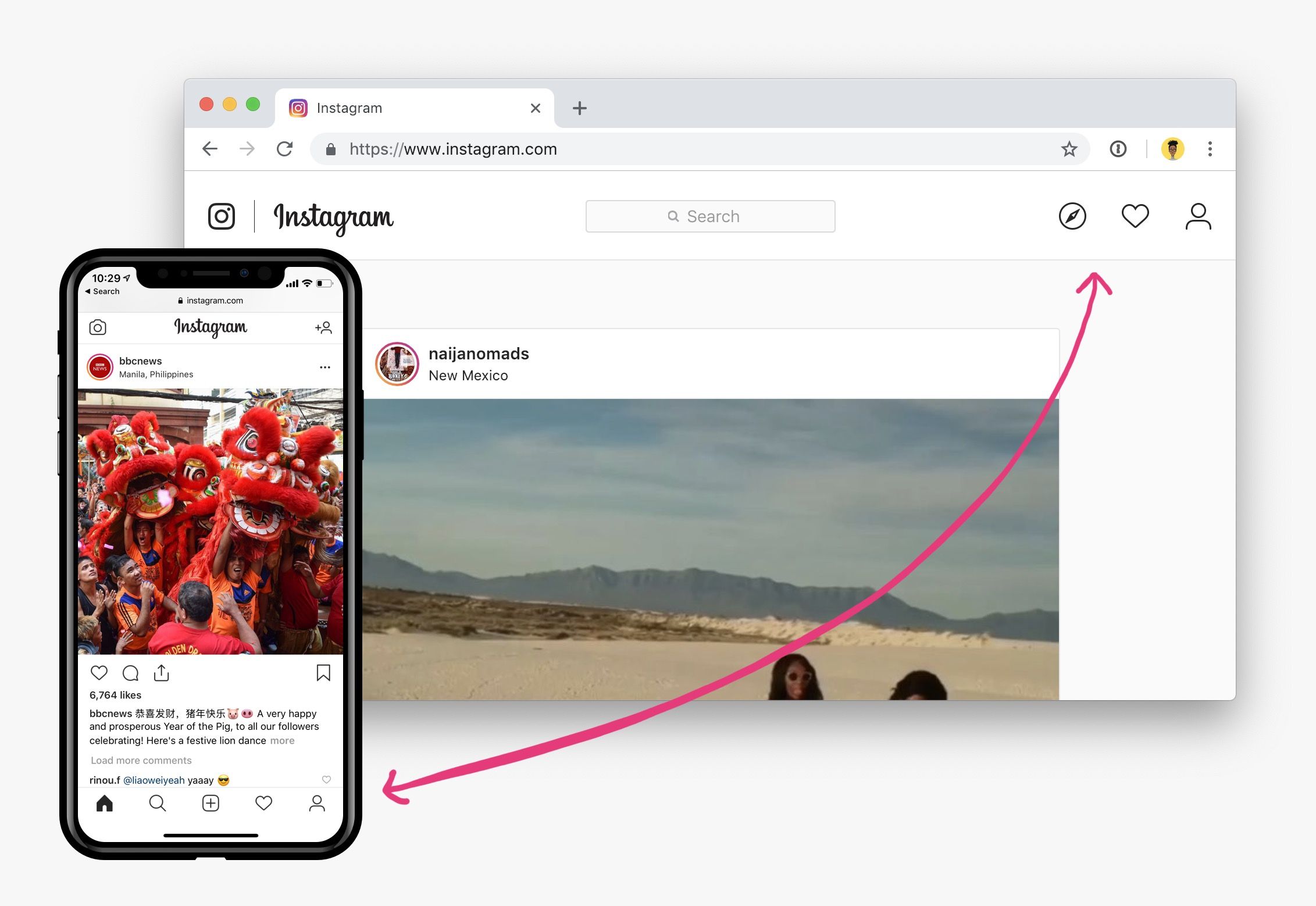 Navigation on instagram on desktop compared to mobile