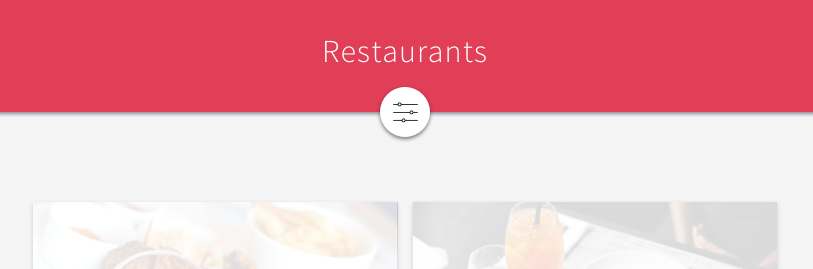 A website displaying various restaurants. The restaurants can be filtered by pressing a button with an image of sliders