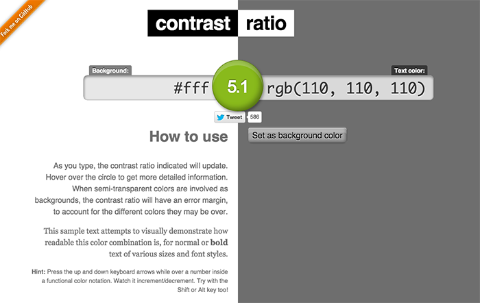Example of Contrast Ratio of 5:1 with white bg and text of colour rgb 110 110 110