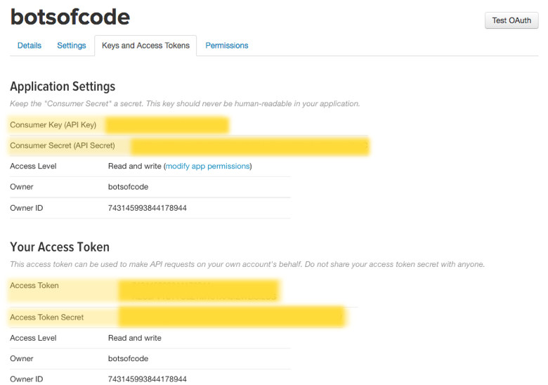 Twitter API Page section showing the four private keys