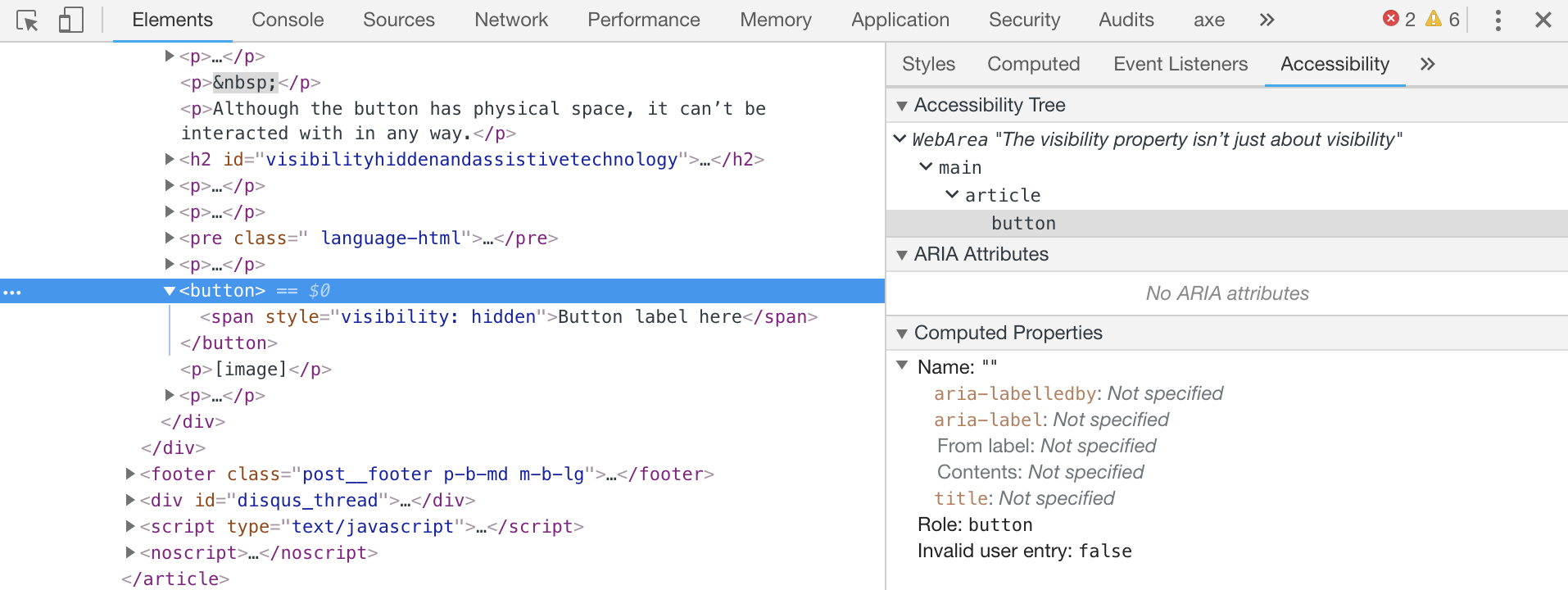 Screenshot of Chrome DevTools inspecting the above button with no accessible name