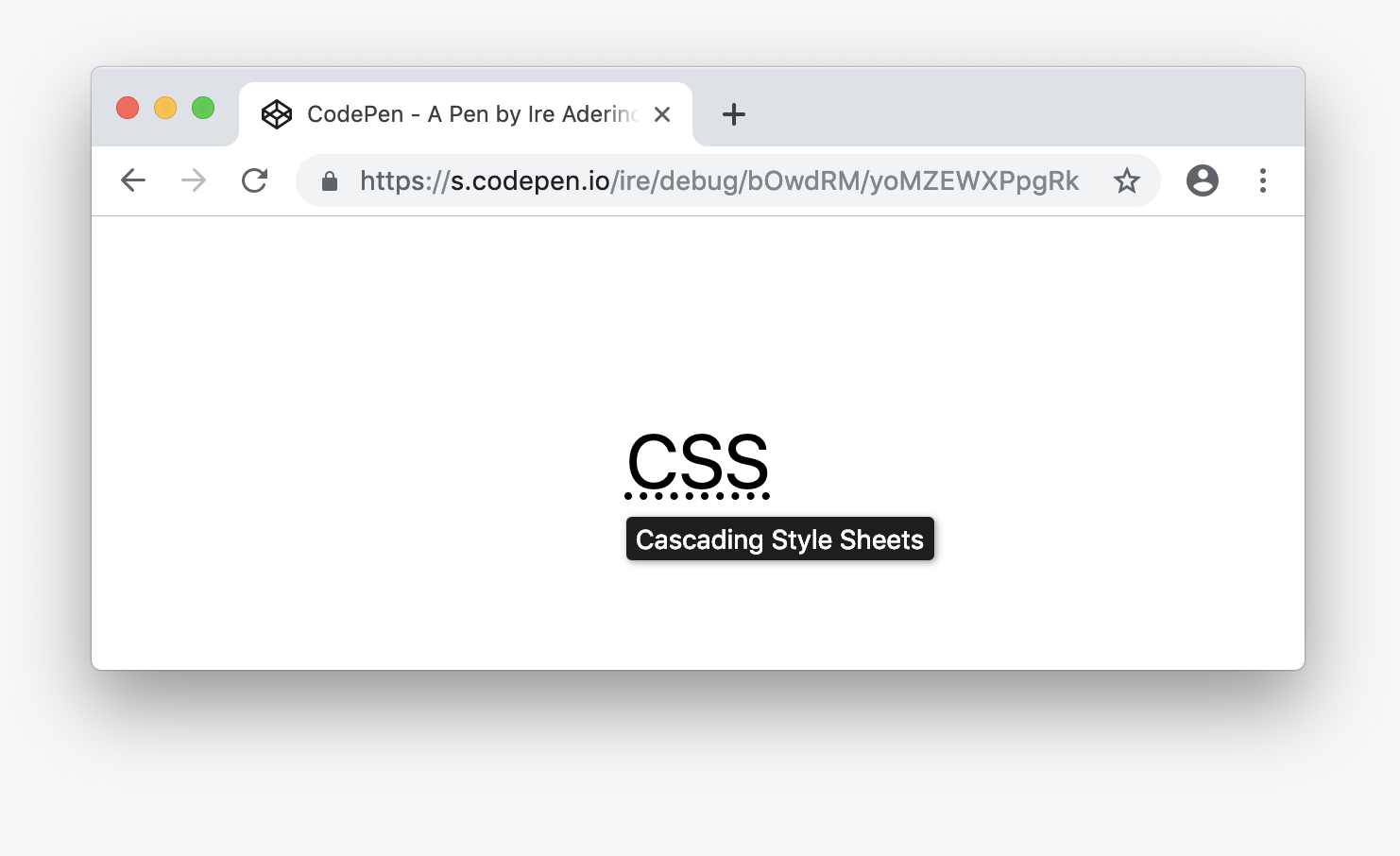 Screenshot of a browser with the word "CSS" and a tooltip below showing "Cascading Style Sheets"
